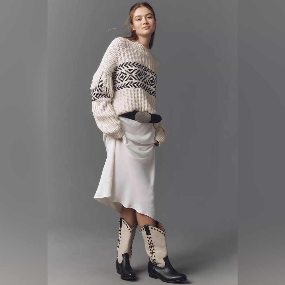 Frye Billy Pull On Stud Black & Ivory Cowgirl Boots